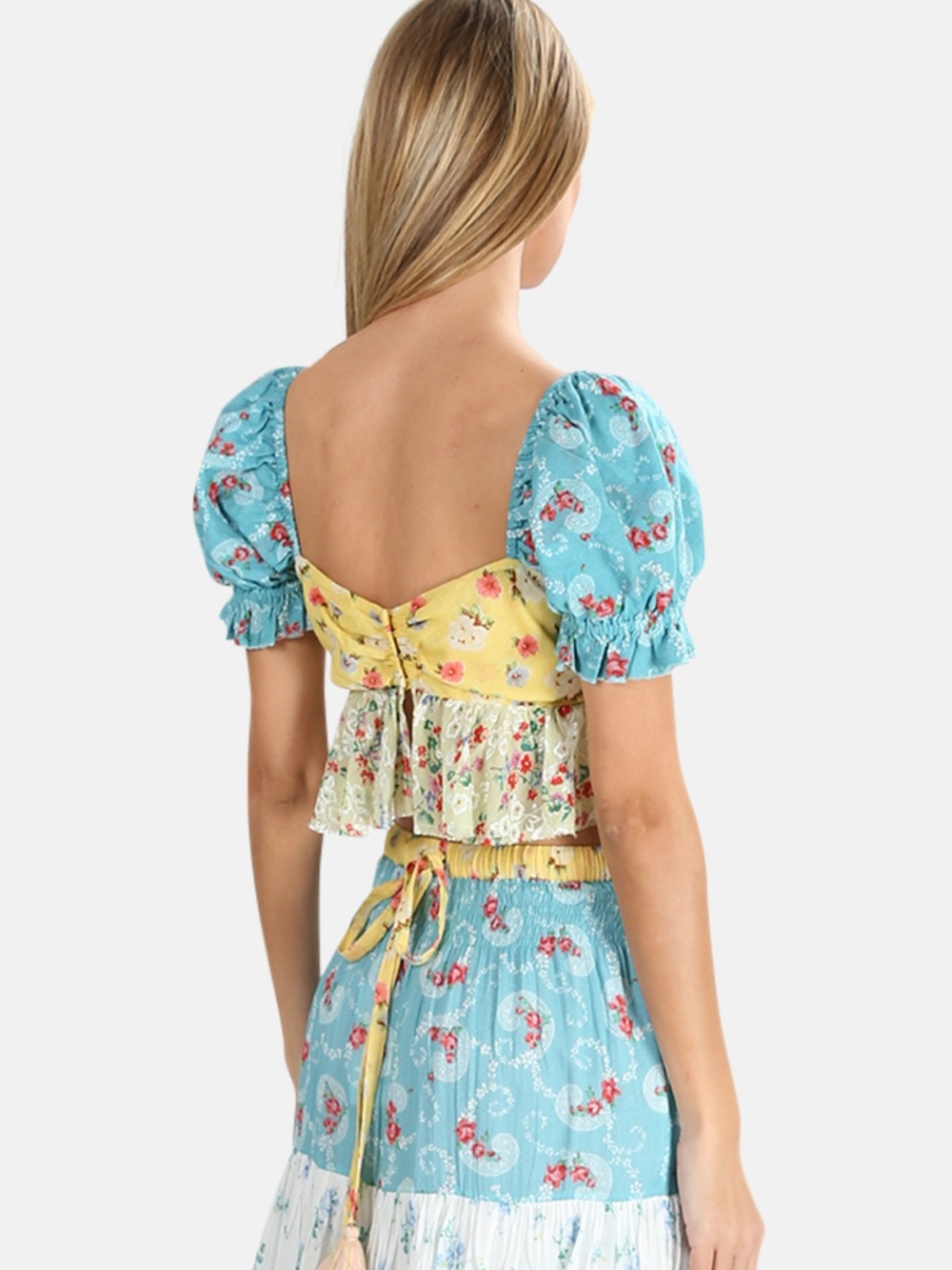 Love shack Floral Tie-Front Puff Sleeve Crop Top - Yellow & Blue SELLING AS It - Picture 6 of 9